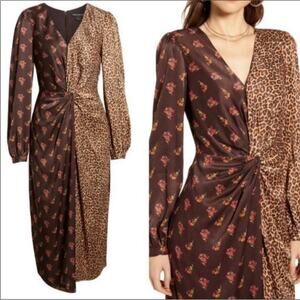 NWT Something Navy Brown Floral Leopard Mixed Print Twist Wrap Midi Dress M